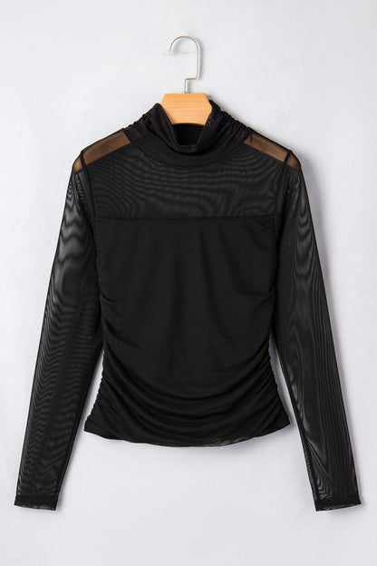 Coffee Sheer Mesh Patchwork High Neck Long Sleeve Top