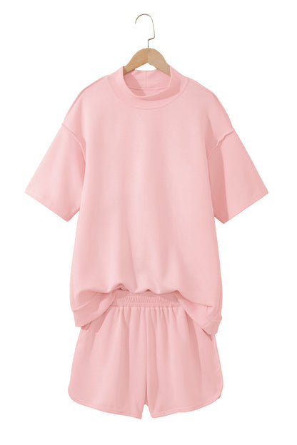 Moonlight Jade Solid Color Exposed Seam Mock Neck Oversize Tee Casual Shorts 2pcs Outfit
