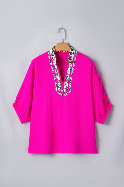 Black Dolman Half Sleeve Leopard Patchwork Trim V Neck Blouse