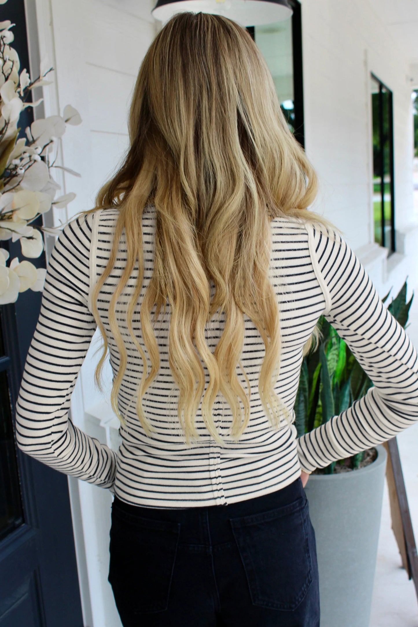 Black Stripe Ribbed Knit Half Button Long Sleeve Slim Top