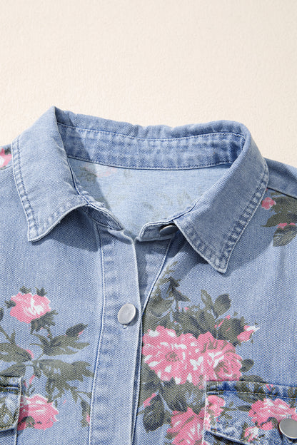 Sky Blue Denim Floral Print Cuffed Short Sleeve Button Down Shift Dress