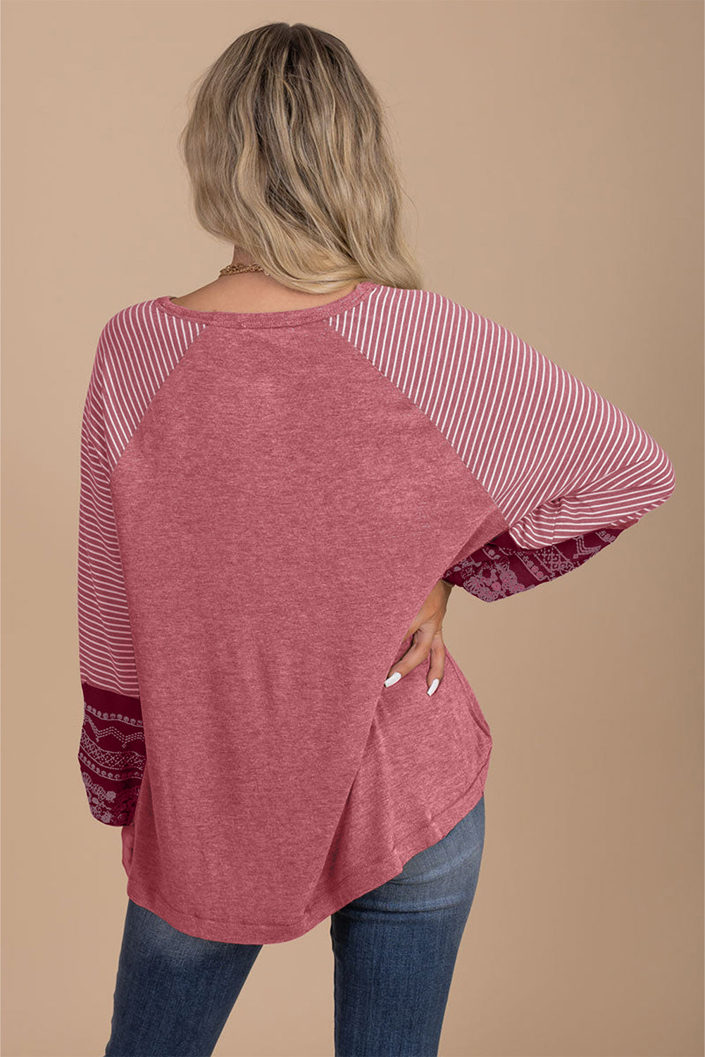 Navy Blue Contrast Print Striped Raglan Long Sleeve Loose Top