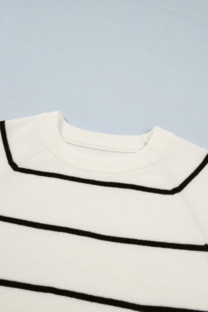 White Stripe Ribbed Knit Half Sleeve Loose Sweater Tee