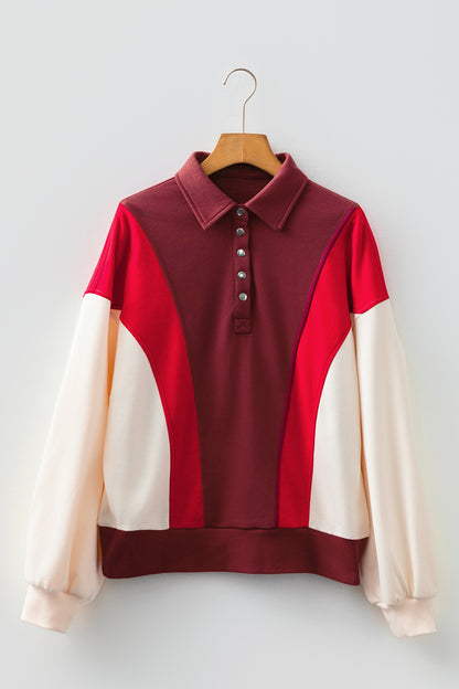 Fiery Red Color Block Patchwork Snap Button Oversize Hoodie