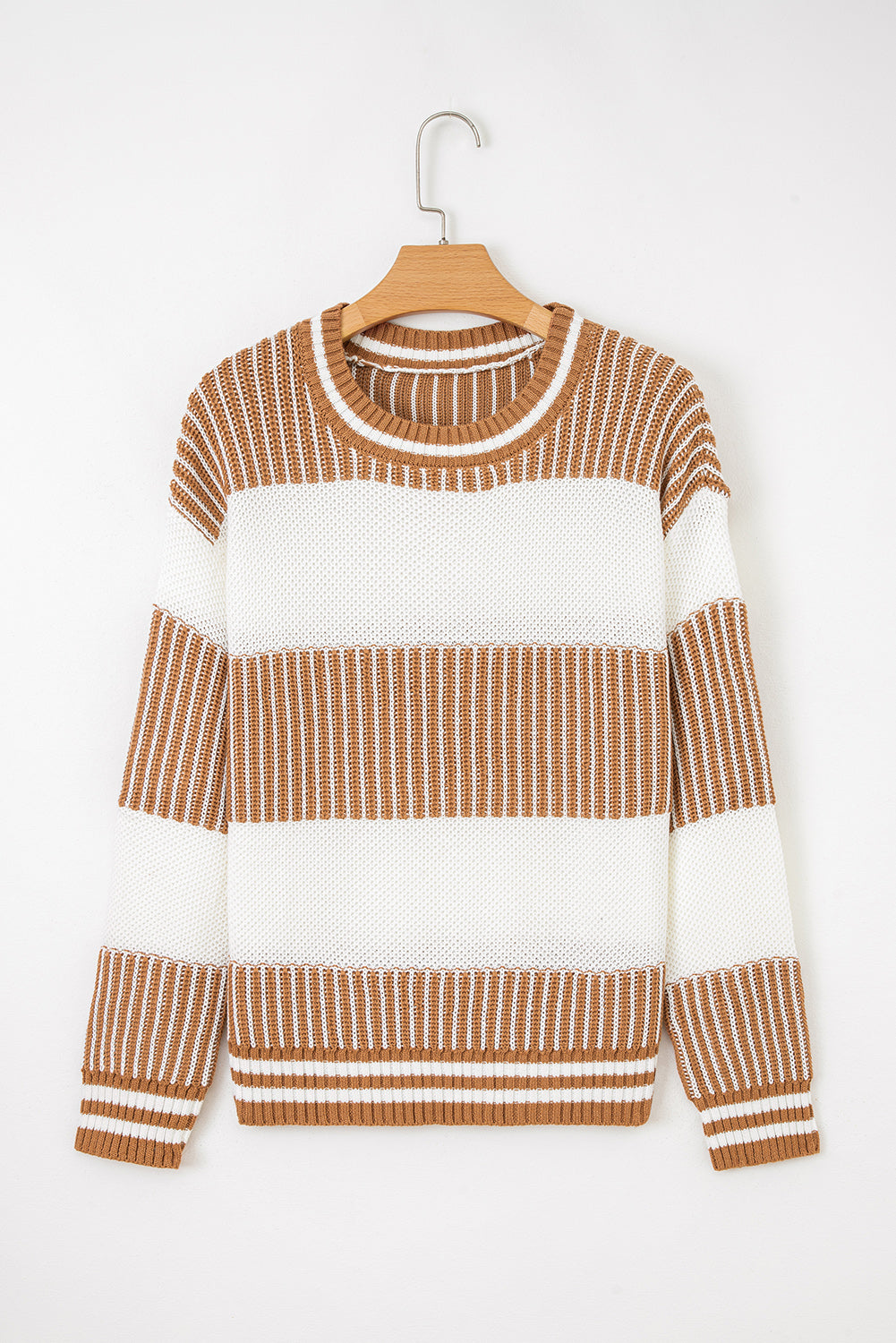 Light Blue Two Tone Striped Patchwork Drop Shoulder Loose Sweater