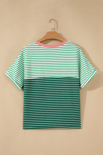 Green Stripe Contrast Print Color Block Detail Relaxed Tee