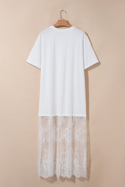 White Floral Patchwork Short Sleeve T Shirt Loose Maxi Dress