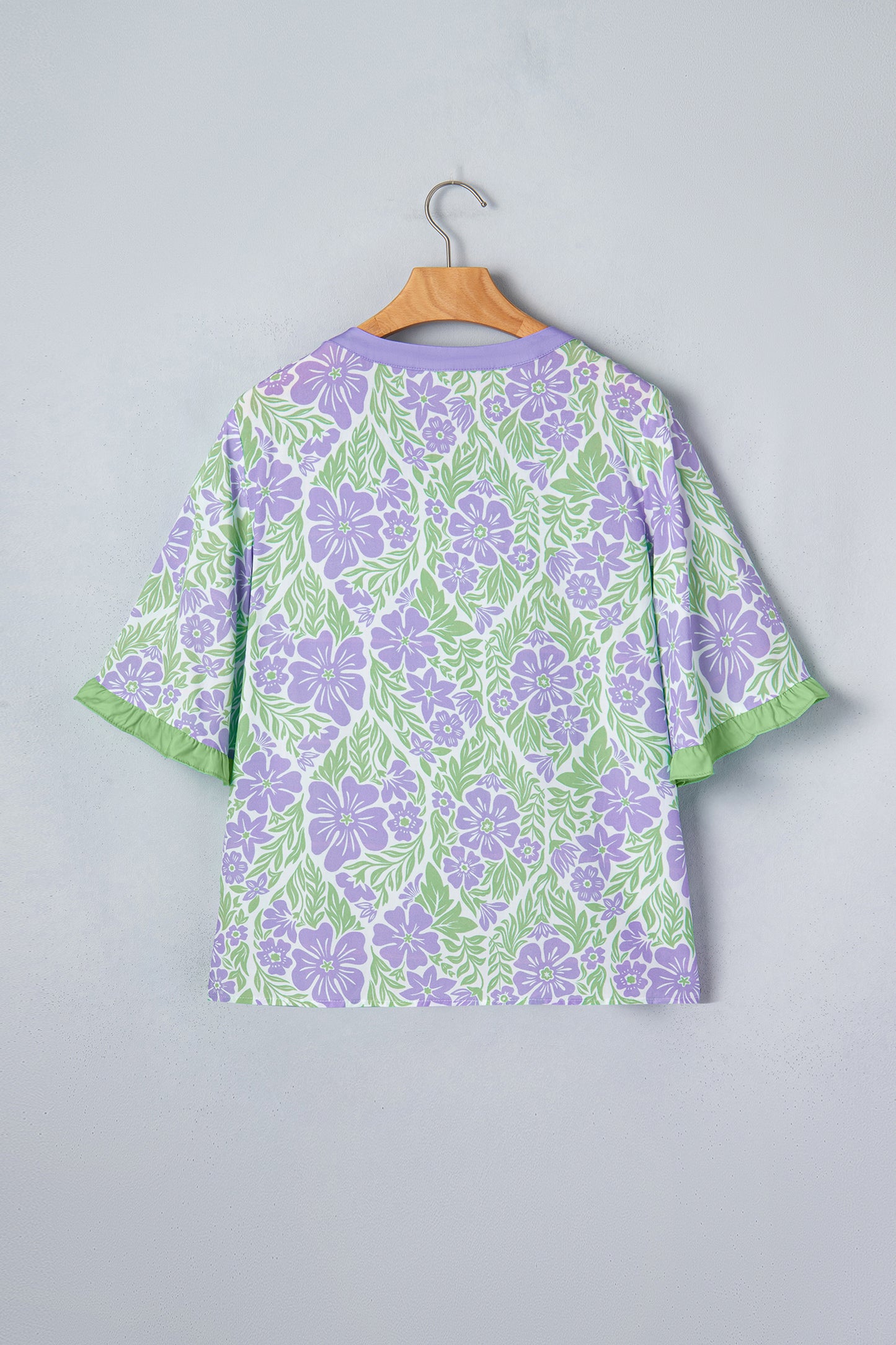 Sky Blue Floral Print Ruffled Color Block Trim Half Sleeve Blouse
