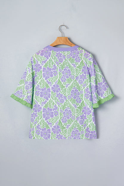 Sky Blue Floral Print Ruffled Color Block Trim Half Sleeve Blouse