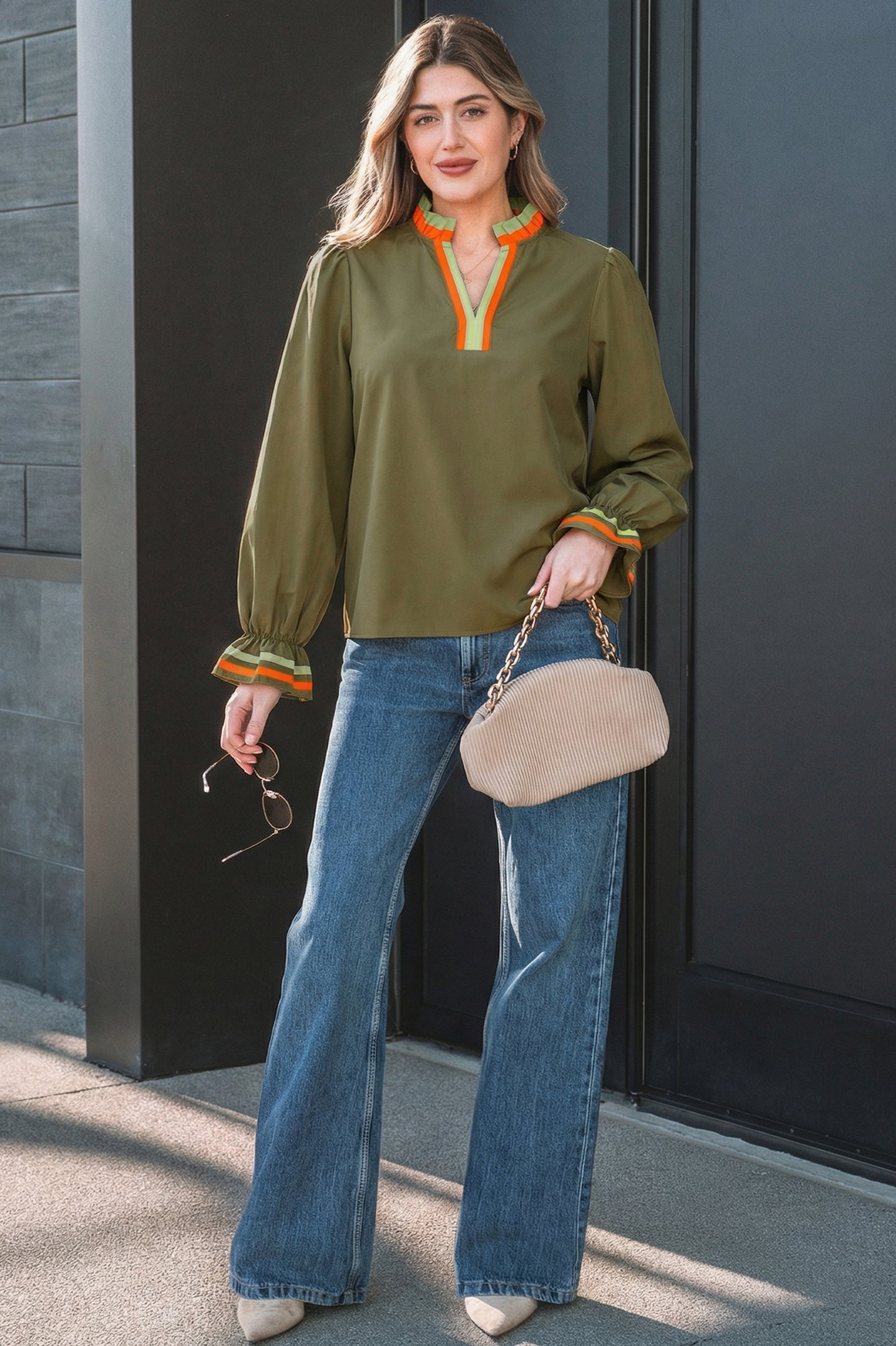 Four Leaf Clover Striped Trim Ruffle Split Neck Long Sleeve Blouse