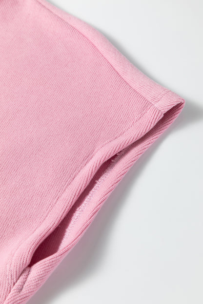 Pink Textured Knit High Neck Loose Tee Elastic Waist Loose Pant Set