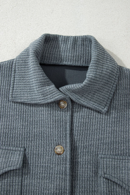 Red Sandalwood Ribbed Knit Buttons Front Flap Pocket Casual Shacket