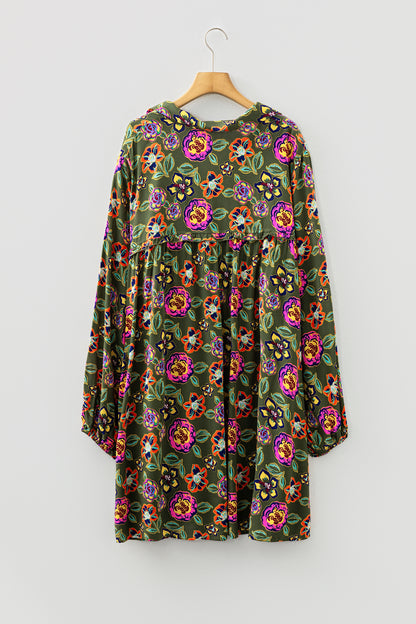 Green Plus Size Floral Print Collared V Neck Loose Mini Dress