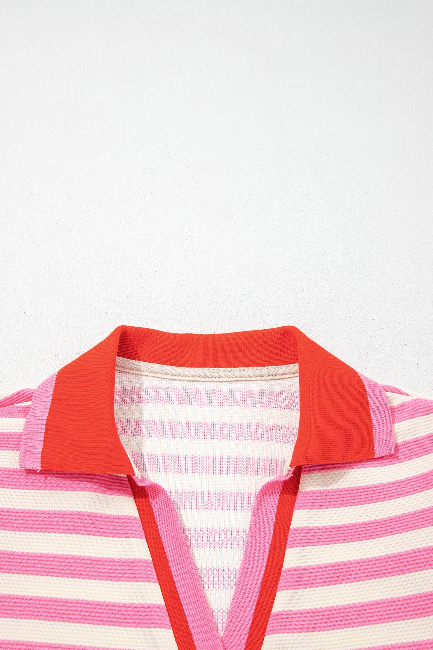 Blue Stripe Contrast Trim Polo Collar Ruffled Short Sleeve Blouse