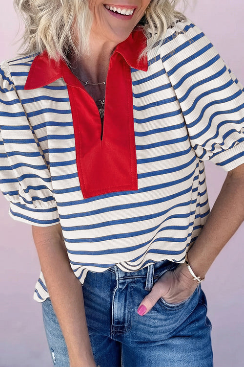 Blue Stripe Short Puff Sleeve Color Block Polo Collar Blouse