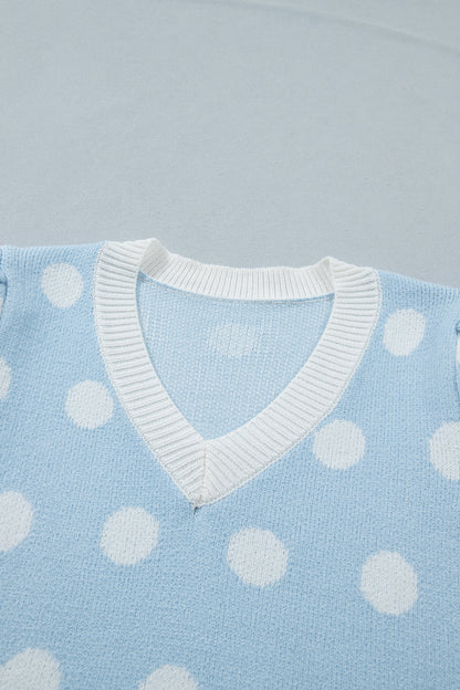 Rose Red Polka Dot Puff Short Sleeve Sweater Top