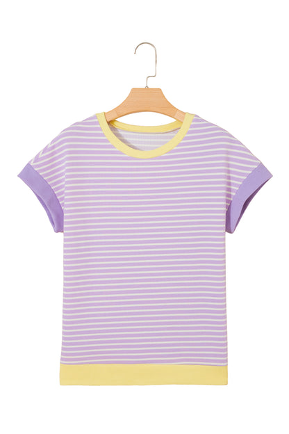 Purple Stripe Striped Colorblock Paneling Collar Cuff Hem Texture T-Shirt