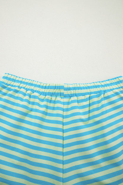 Pink Stripe Color Block Detail Long Sleeve Pullover Elastic Waist Pull On Shorts 2pcs Set