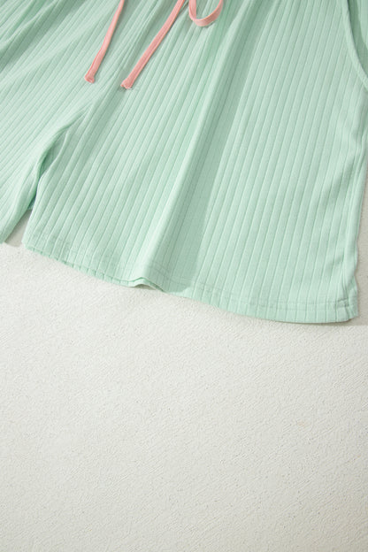Clearly Aqua Plus Size Ribbed Color Block Trim Drawstring Shorts 2pcs Set