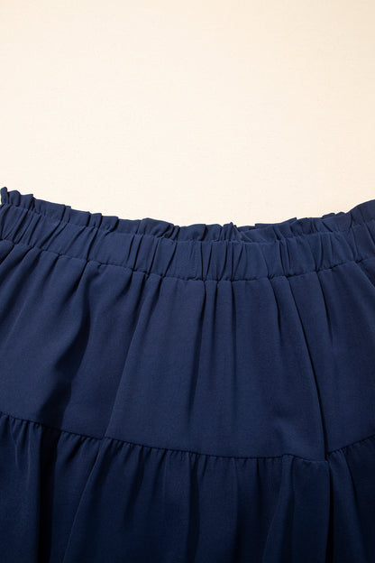 Navy Blue Plus Size Frilled Elastic Waist Lace Trim Boho Ruffled Shorts