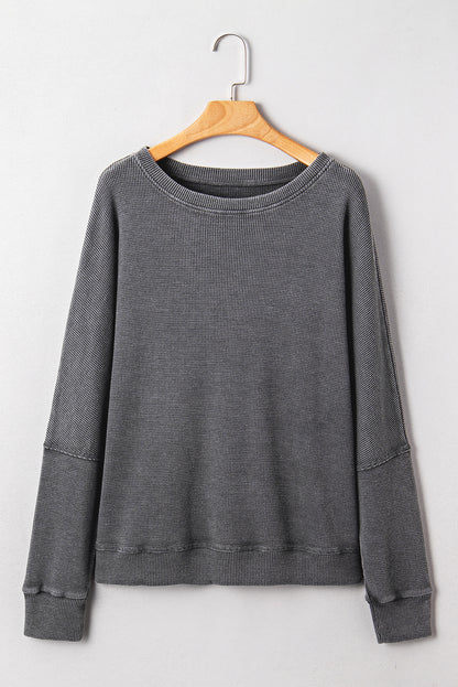 Mist Green Waffle Knit Patchwork Long Sleeve Loose Top
