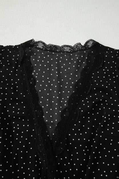 Black Polka Dot Print Lace Trim Wrap Mini Dress