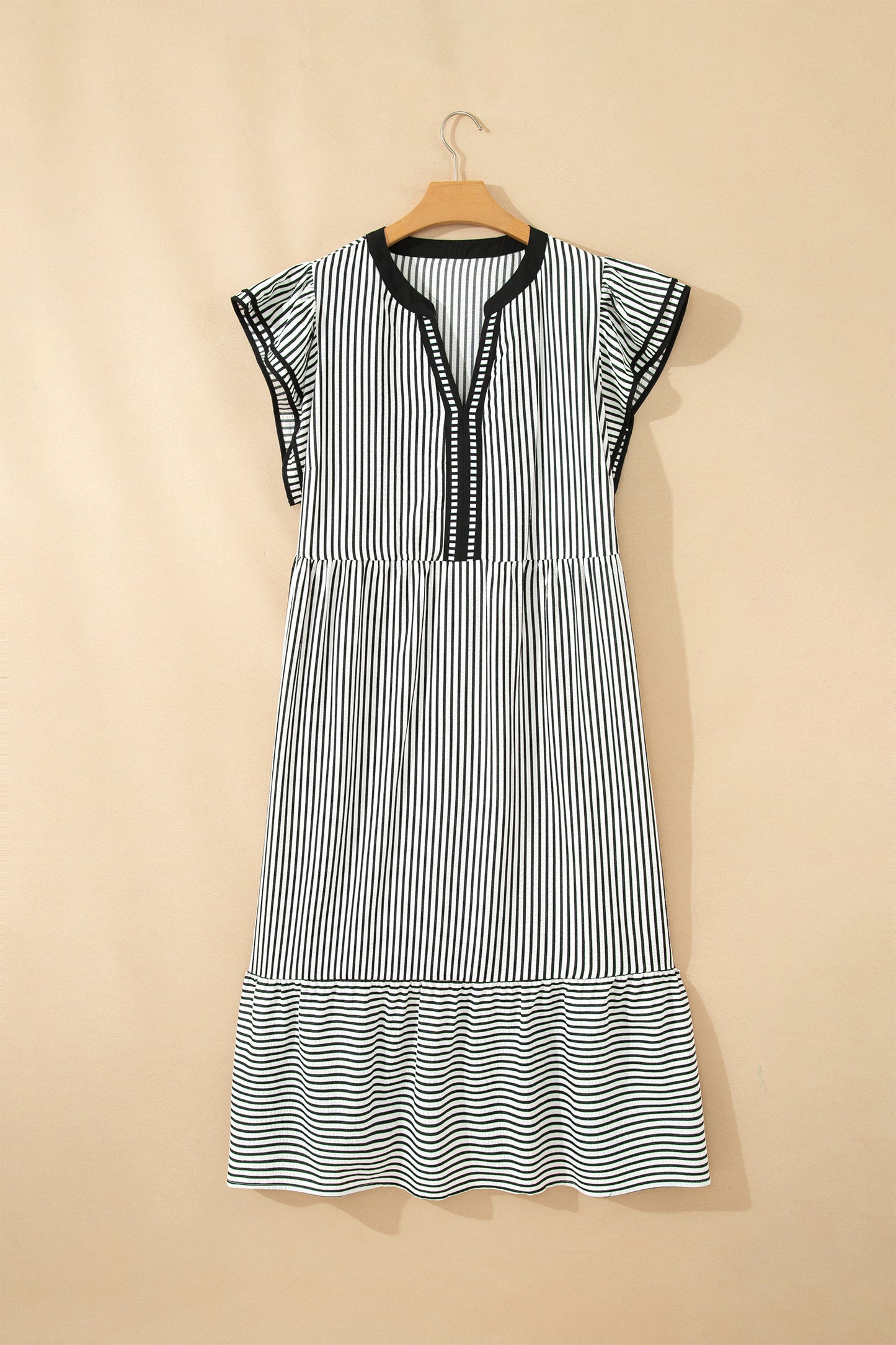 Brown Stripe Plus Size Slit V Neck Tiered Flutter Sleeve Maxi Dress