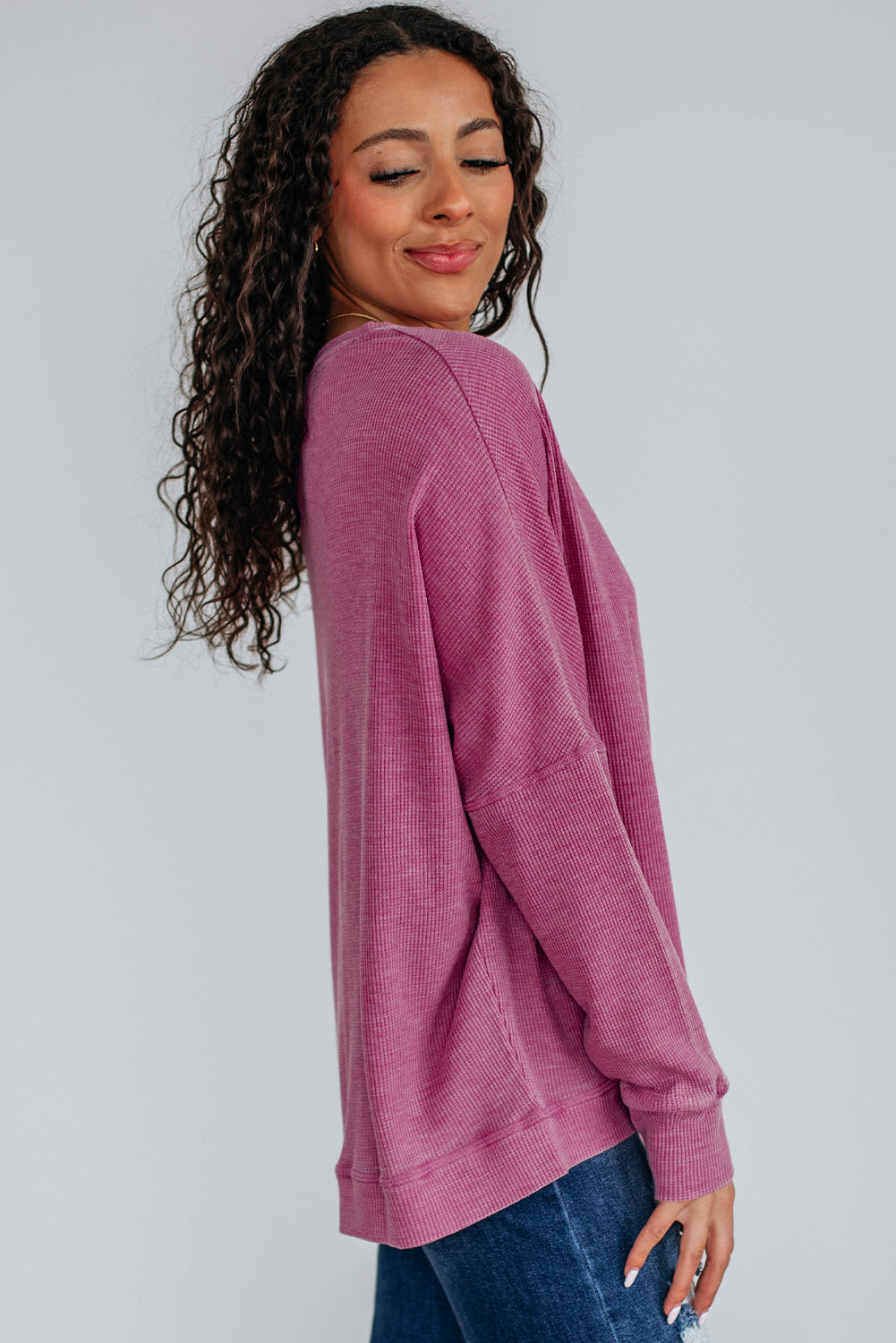 Mist Green Waffle Knit Patchwork Long Sleeve Loose Top