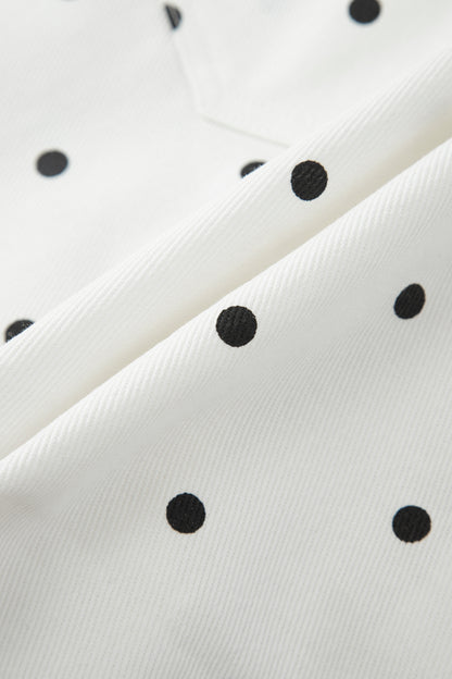 White Polka Dot Print Embroidered Scallop Hem Shorts