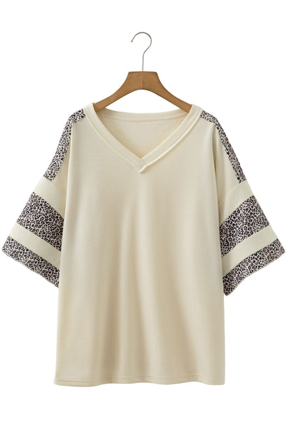 Apricot V Neck Exposed Seam Leopard Color Block Patchwork Half Sleeve Top