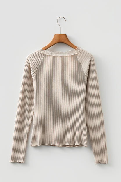 Beige Lace Neckline Button Decor Lettuce Edge Long Sleeve Ribbed Top