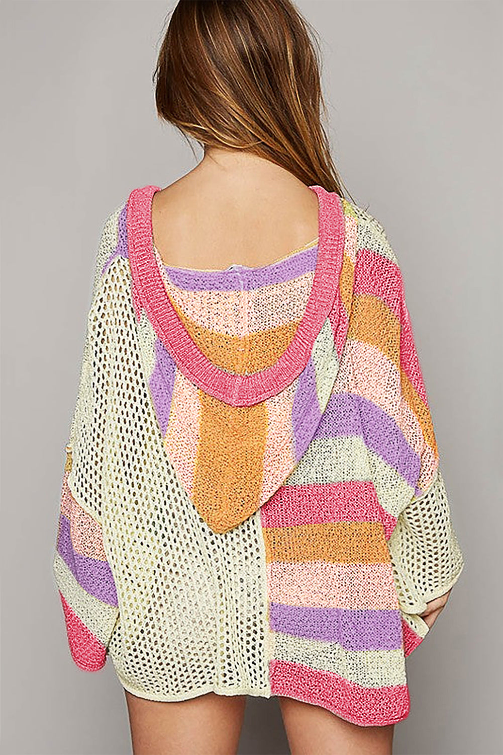 DEAR-LOVER Beige Oversized Colorblock V Neck Hooded Sweater
