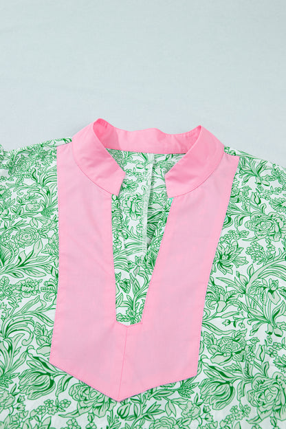 Green Plus Size Contrast Trim Flutter Sleeve Floral Kaftan Maxi Dress