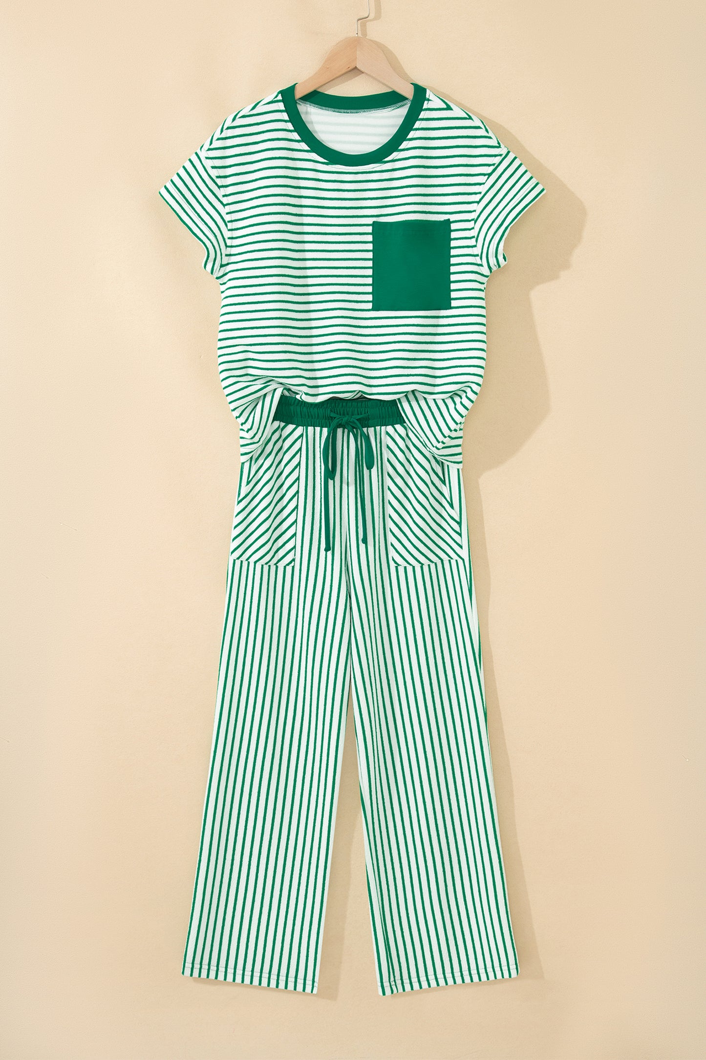 Sky Blue Stripe Crew Neck Tee Drawstring Waist Cropped Pants Set