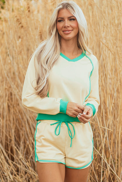 White Contrast Trim Colorblock Long Sleeve Pullover and Drawstring Shorts 2pcs Outfit
