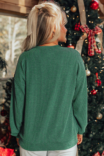 Black Twisted Rib Outlined Merry Letter Graphic Loose Long Sleeve Top