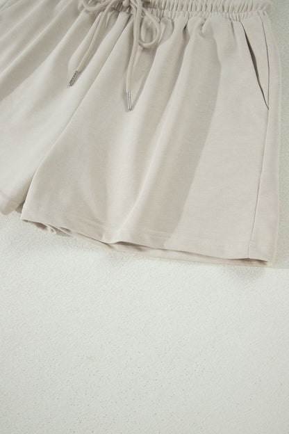 Smoke Gray Solid Color Puffy Loose Top Drawstring Shorts 2pcs Outfit