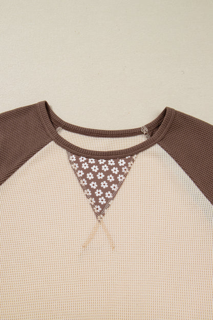 Brown Floral Print Patchwork Color Block Long Sleeve Top
