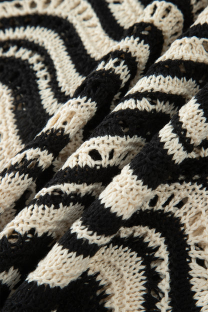 Beige Stripe Wavy Crochet Eyelet Detail Ruffle Half Sleeve Sweater