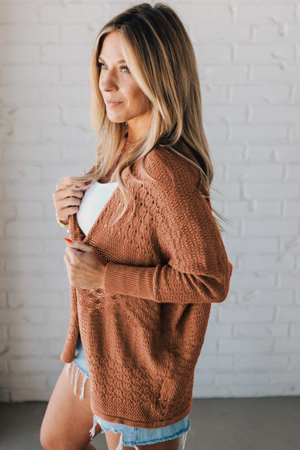 Lapis Mix Pattern Hollowed Knit Open Front Cardigan