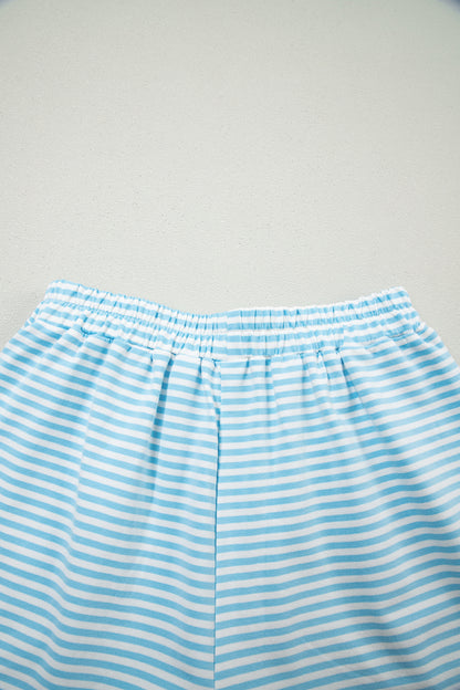 Sky Blue Stripe Oversize Mock Neck Sweatshirt and Shorts Set
