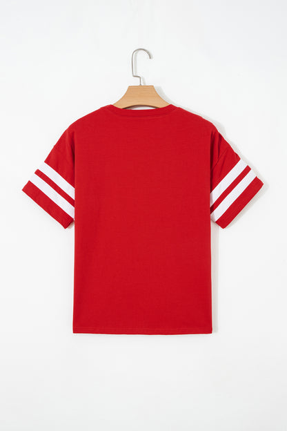 Dark Blue Varsity Striped Short Sleeve Crew Neck T Shirt