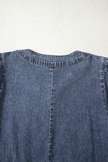 Sail Blue 3/4 Sleeve Tied V Neck Pleated Denim Mini Dress