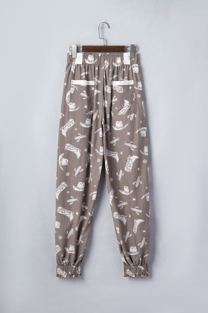 Khaki Western Cactus Cowgirl Hat Boot Printed Vintage Drawstring Jogger Pants