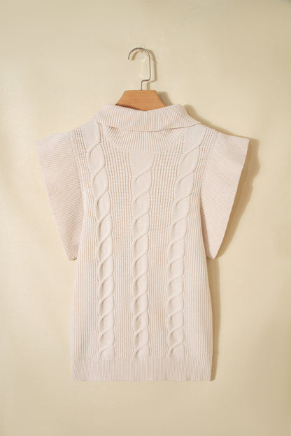 Tomato Red Cable Knit Turtleneck Ruffled Short Sleeve Sweater