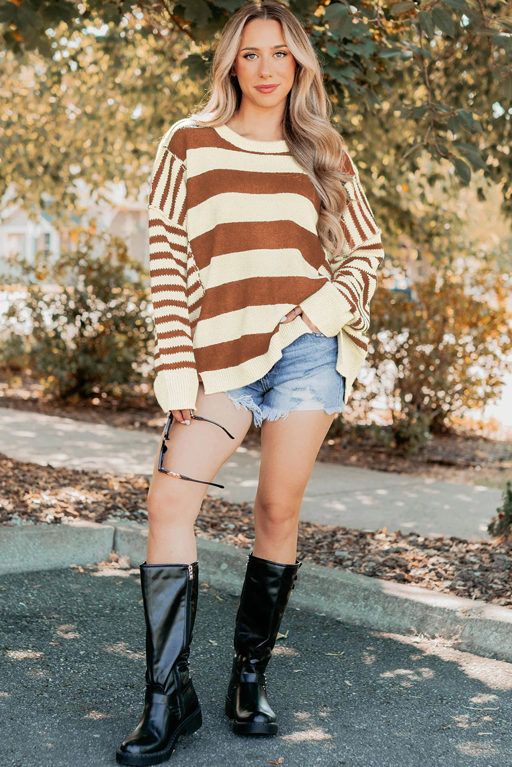 Black Stripe Drop Shoulder Sleeve Patchwork Baggy Sweater