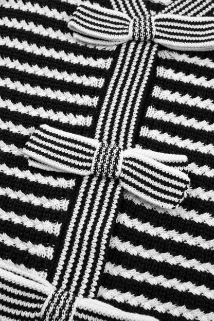 Black Stripe Short Sleeve Knit V Neck Bow Knot Sweater