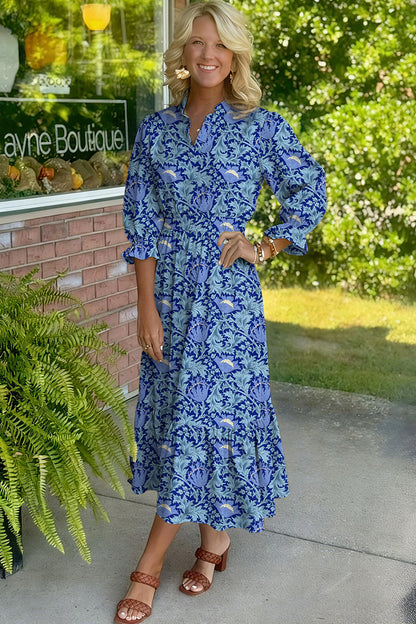 Brown Floral Printed Frilled V Neck Bracelet Sleeve Long Dress
