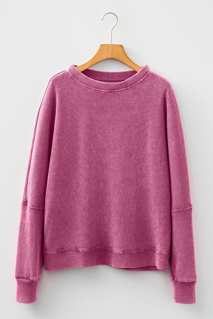 Mist Green Waffle Knit Patchwork Long Sleeve Loose Top