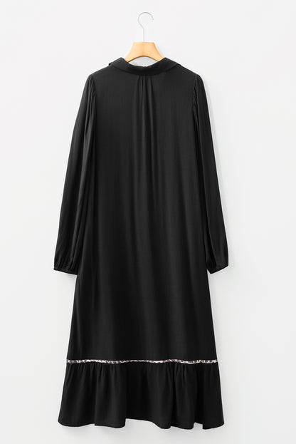 Four Leaf Clover Collared V Neck Smocked Detail Contrast Leopard Trim Bracelet Sleeve Long Dress